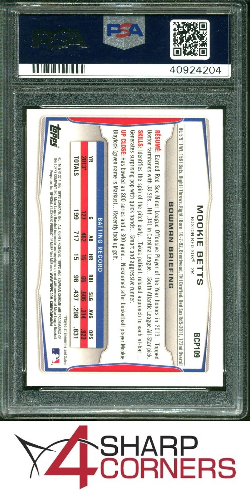 2014 BOWMAN PROSPECTS CHROME #BCP109 MOOKIE BETTS RC RED SOX PSA 8 view 2