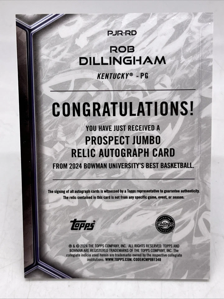 2023-24 Bowman U Best Prospect Jumbo Relic Rob Dillingham #PJR-RD Auto Kentucky - Image 2 of 2