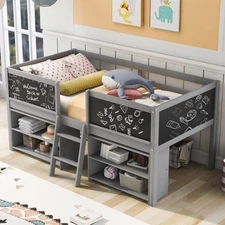 Twin Size Low Loft Bed with Two Movable Shelves and Ladder,with Decorative Guar