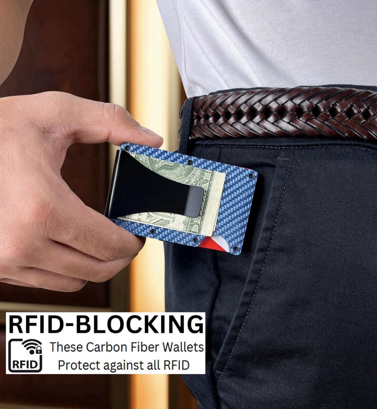 RFID Blocking Blue Carbon Fiber Wallet for Men, Slim Design, Money Clip & Secure