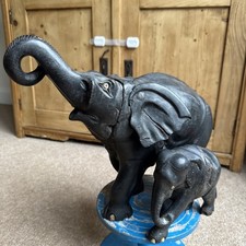 Antique Large Heavy Ebonised Elephant Plus Baby Elephant