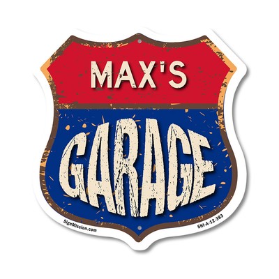 Max's Garage Shield Shaped Sign Weather Resistant Crafted in the USA