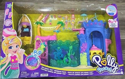 Polly Pocket Splashin’ Fun Mermaid Pack, Water Tank, Two Dolls New Box DAMAGE