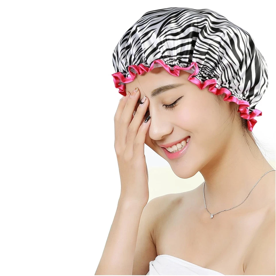 4er große Duschhaube, Wasserdicht Damen Badehaube mit Elastik Doppelschicht - Bild 3 von 4