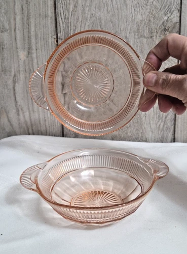 DEPRESSION Anchor Hocking PINK CORONATION, Set of 2 handled BERRY / FRUIT BOWLS