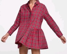 Zara Asymmetric Tunic Dress Size S Plaid Red Long Sleeve Collared Mini