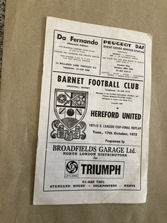 Barnet v Hereford United League Cup Final Replay Programme 17 Oct 1972