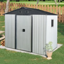 8x4 FT Outdoor Metal Storage Shed with Tilted Roof & Lockable Doors for Backyard