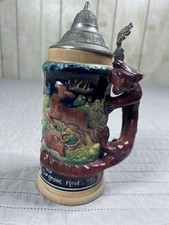 Vintage German Beer Stein Hunter's Joy w/ Fox Handle Stag & Boar Decoration READ