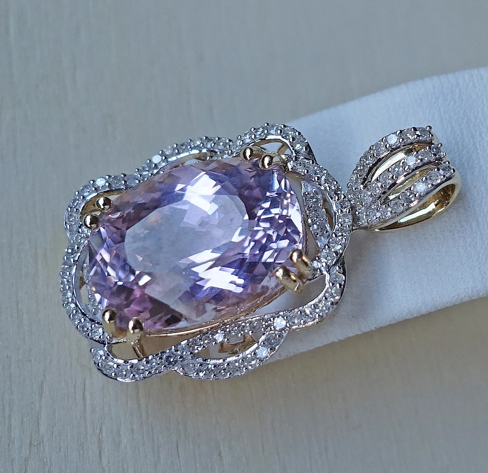 NEU 12 Carat Kunzit Edelstein Brillant Anhänger 585 14kt Gold Diamanten ♦️ 9067 - Bild 2 von 4