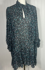ZARA - Womens 3/4 Sleeve BLACK / FLORAL Mini Dress w/ Tie Neck Boho - MEDIUM