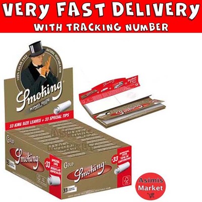 Smoking Gold King Size Slim Rolling Papers + Tips Super Thin Full Box 24 Packs