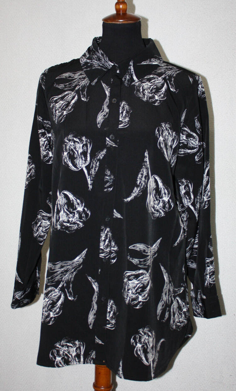 Susan Graver Sz 10 Black White Floral Long Sleeved Button Front Tunic Shirt