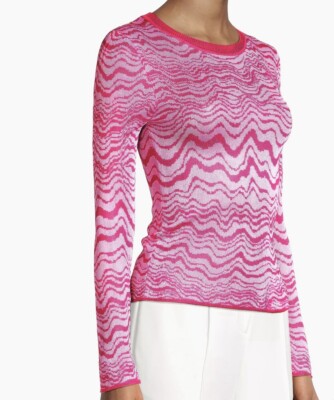 Milly Wavy Jacquard Crewneck Pink Ecru White Long Sleeves Lightweight Sweater P