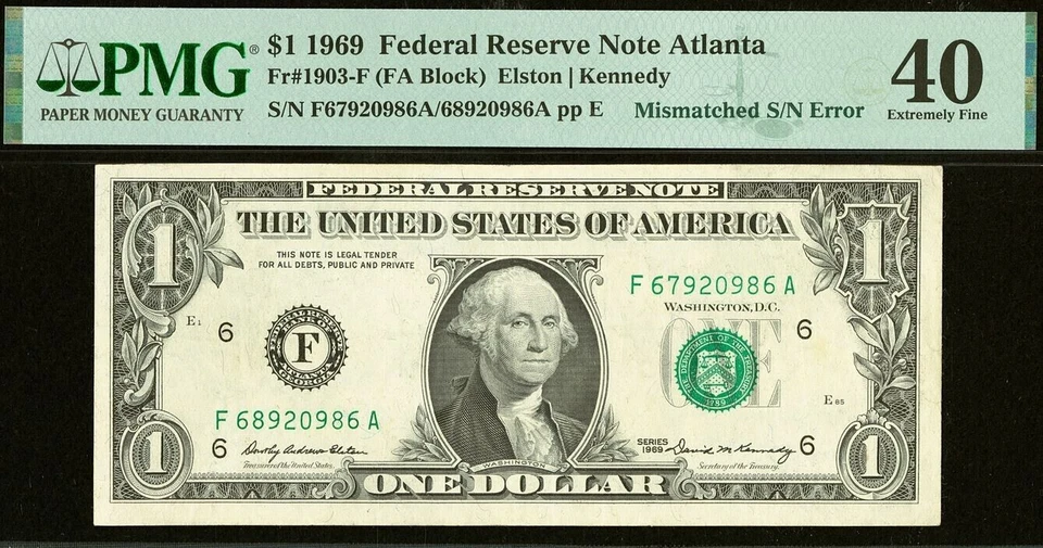 1969 $1 FRN Atlanta PMG 40 - Mismatched Serial Number - Error Note - 689/679 - Image 4 of 4