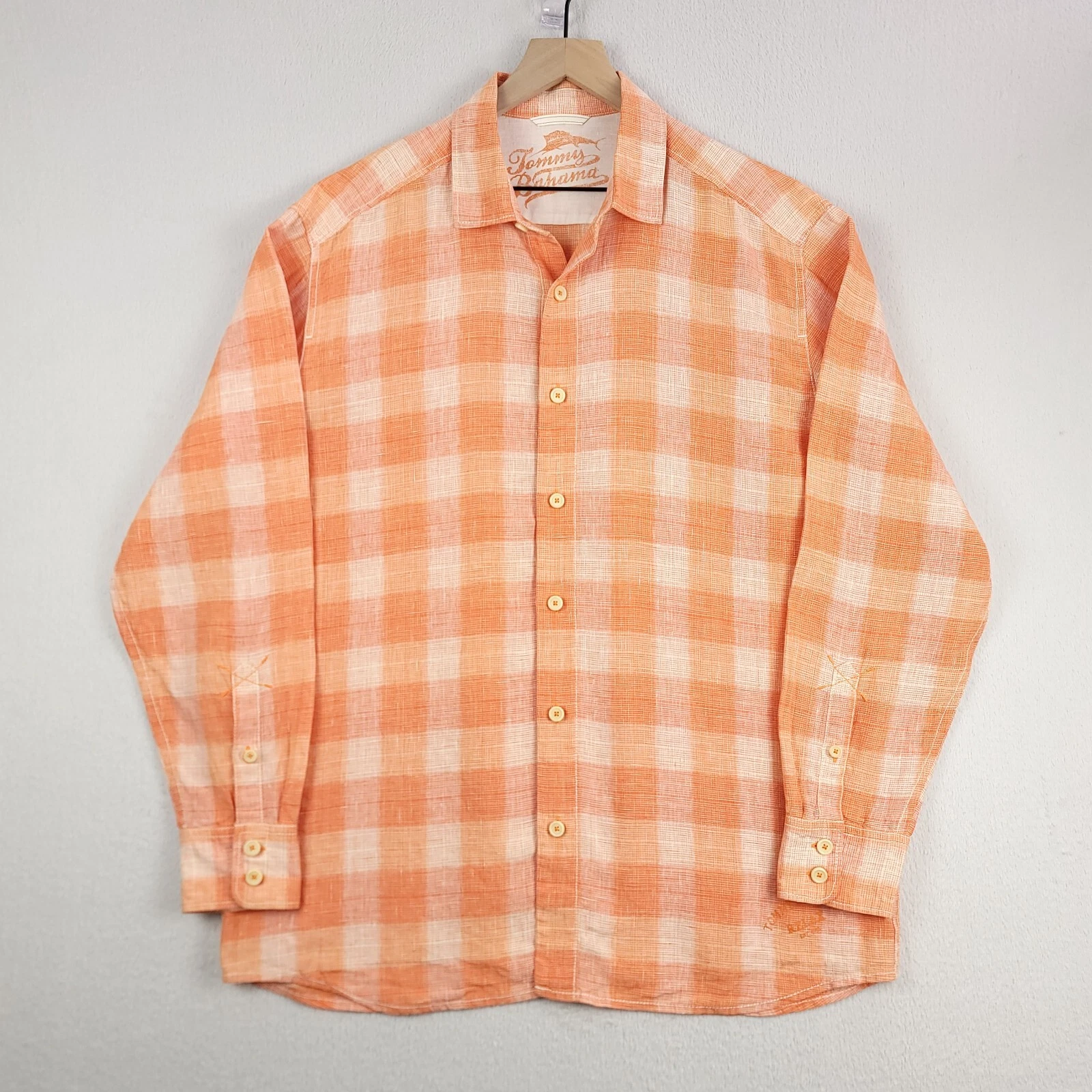 Tommy Bahama Shirt Mens Large Orange Buffalo Check 100% Linen Relax Button Up