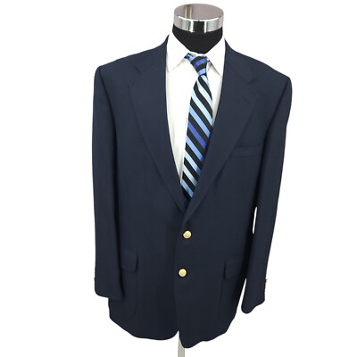Stafford Blazer Mens 44L Blue Wool Blend Sports Coat Jacket 2 Gold Button Vented