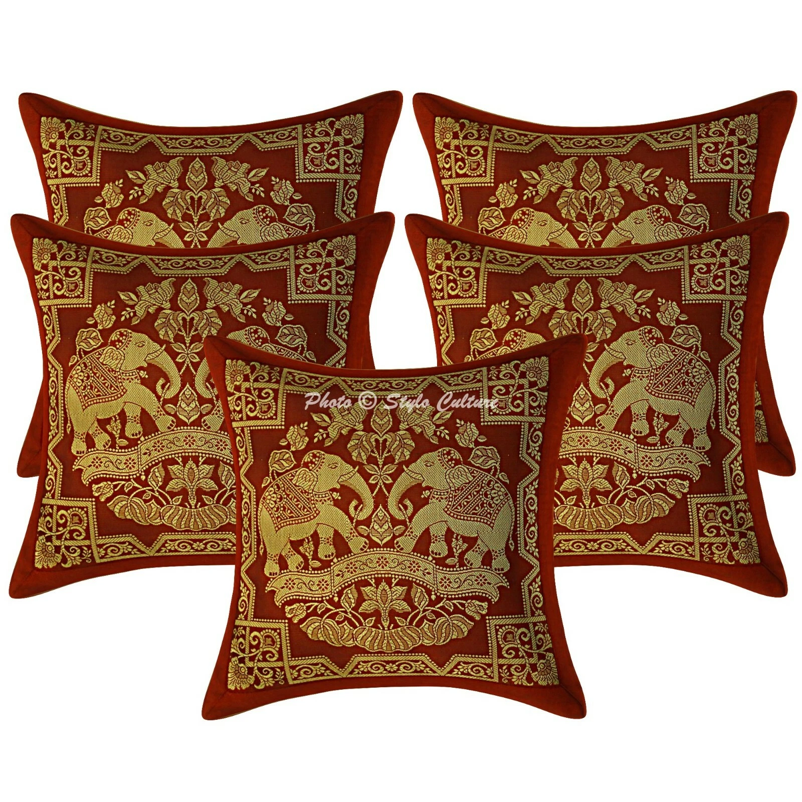Indian Cushion Covers Maroon 12 x 12 Jacquard Brocade Elephant Throw Pillows