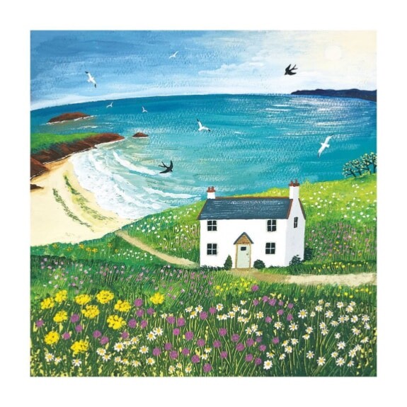Seaside Cottage - Art Blank Greeting / Birthday Card - Sea Bay Holidays Meadow