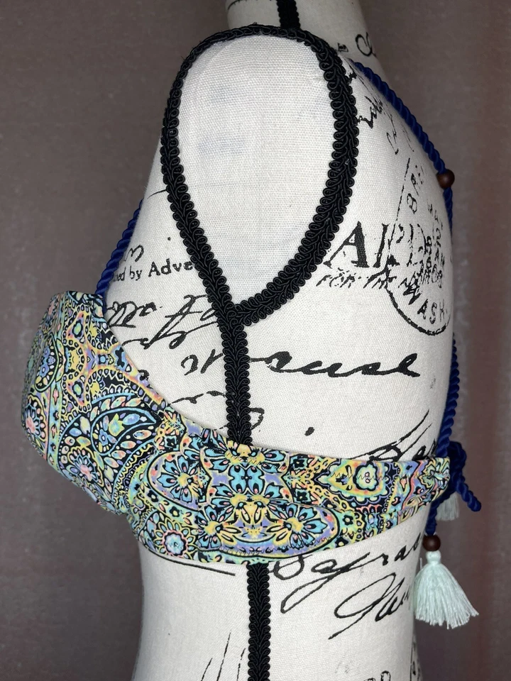 Victoria Secret The Getaway Halter Bikini Top 36C Tassel Blue Yellow Floral Sexy - Image 4 of 4