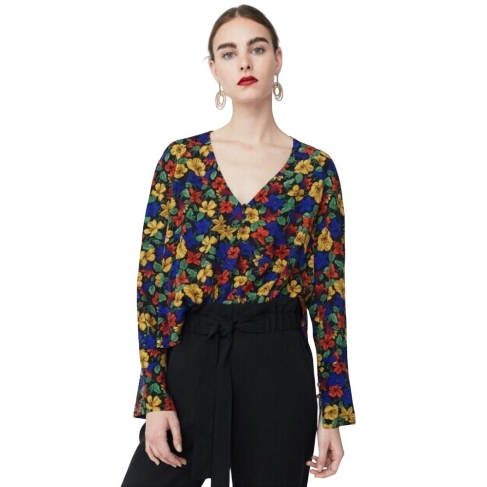 Mango Floral Blouse Top Sz S 90s Inspired Boho Romantic Relaxed Business Casual