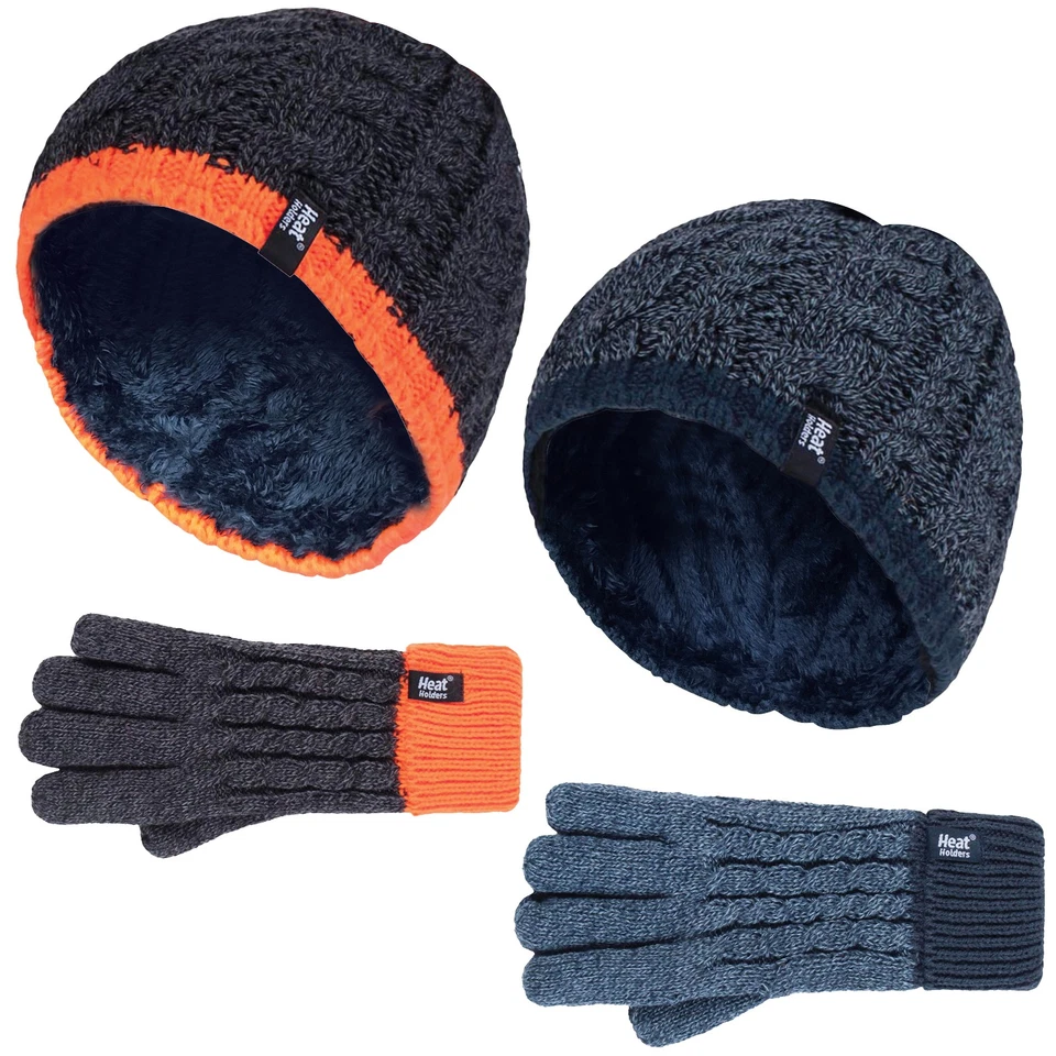 HEAT HOLDERS Boys Kids Cable Knit Warm Fleece Lined Thermal Winter Hat & Gloves Set
