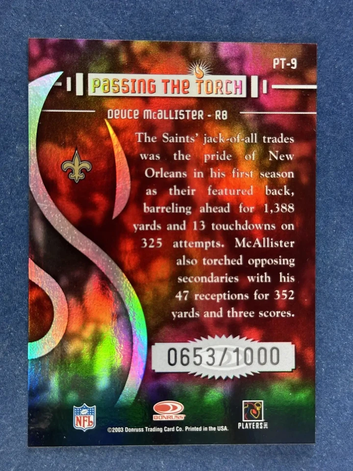 2003 Donruss Elite Passing the Torch #PT-9 Deuce McAllister Saints /1000 - Image 2 of 2