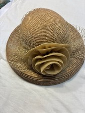 Mr. Hi's Classic Vintage Gold Straw Church Dress Hat with Flower and Veil