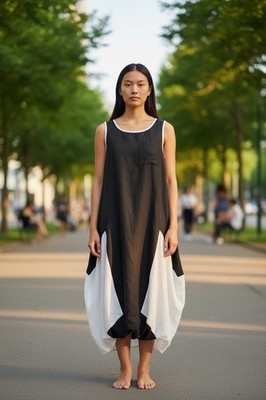 LUUKAA White Black Linen Lagenlook Artsy Cocoon Midi Dress Sz 2 (US Size 10) NEW