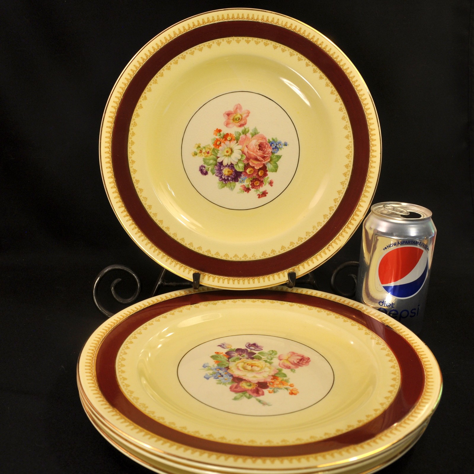 Wood & Sons 4 Plates 10 3/4" Ironstone Yellow Maroon Band Roses w/Gold 1907-1910