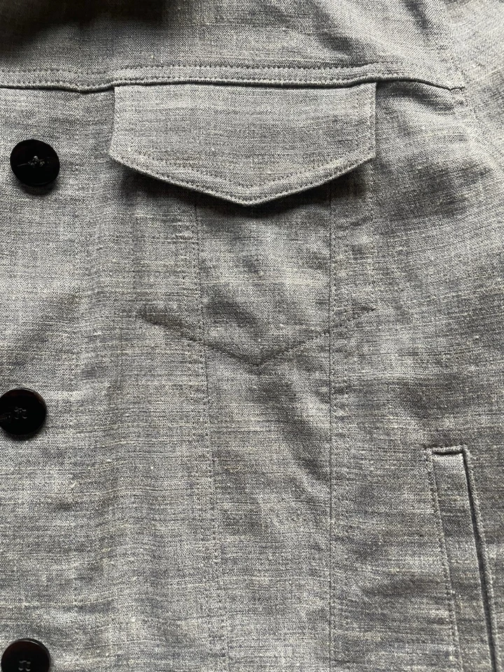 Chaqueta de mezclilla recortada THEORY azul gris pequeña con botones de lino nueva con etiquetas $395 Foto 3 de 4