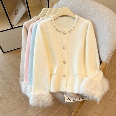 Damen Kunstfell Jacke Perlen Farbe Mantel Flauschige Strickjacke Warm