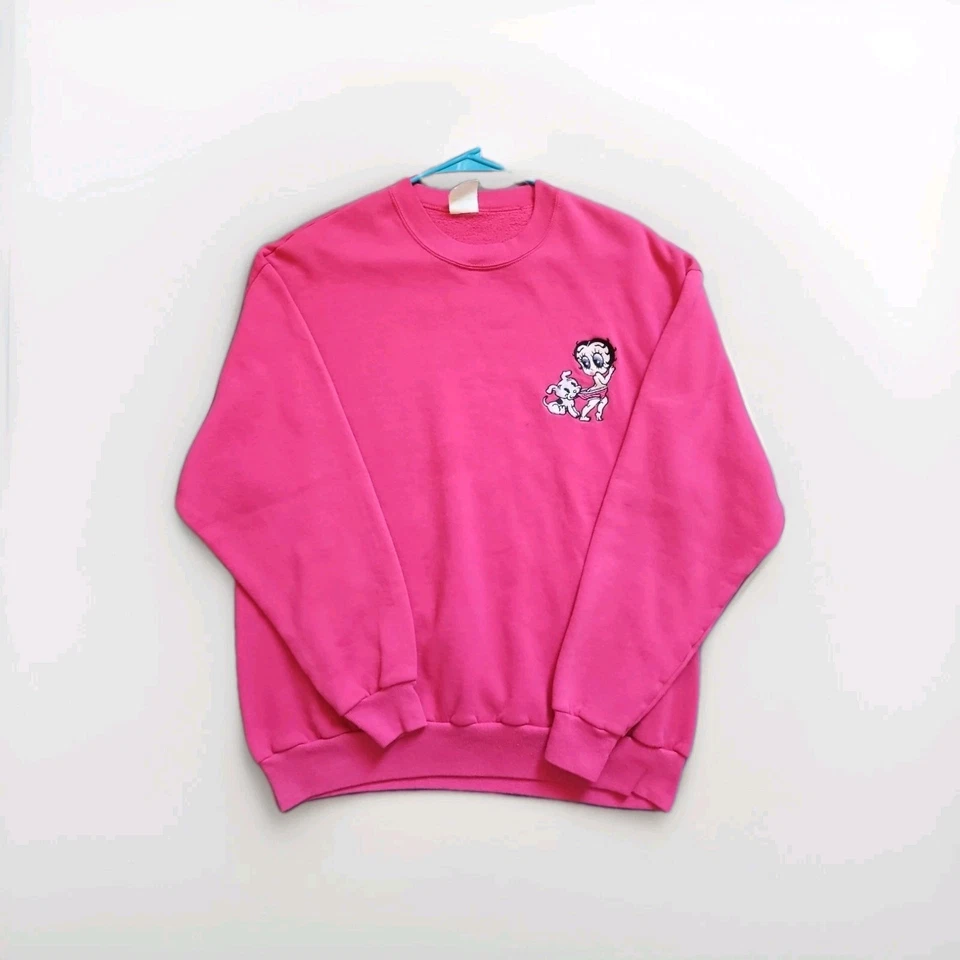 Sudadera De Colección BETTY BOOP Cosida Logo Perro Talla XL Rosa Rara Años 90 Foto 2 de 4
