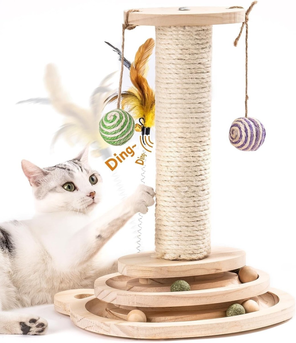 Mewoofun Cat Scratching Post 2-Layer Turntable Cat Ball Toy with