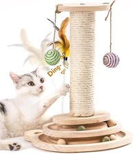 Mewoofun Cat Scratching Post  2-Layer Turntable Cat Ball Toy with Feather Balls