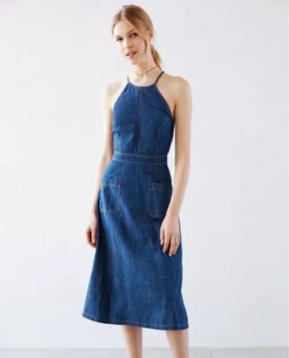 Urban Outfitters Kimchi Blue High Neck Vintage Blue Strappy Back Midi Dress  | eBay