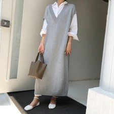 Womens V Neck Short Sleeves Knitted Long Maxi Sweater Dress Casual Loose Vest