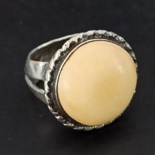 Vintage Israel Ring Silver 925 ELANOMI White Cream Stone 6 Artisan Bold Chunky