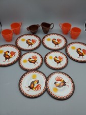 Vintage Tin Litho Kids Play Dishes Plates Saucers Plastic Cups Rooster