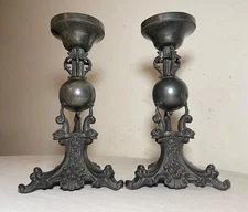 antique 19th century silverplate ornate figural dolphin candlestick holders