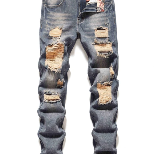 Regular Fit Ripped Jeans, Men's Casual Street Style Distressed Denim Pants - Picture 48 of 54