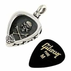 Sterling Silver Skull Crossbone Guitar Pick Holder Pendant Necklace Biker Gothic
