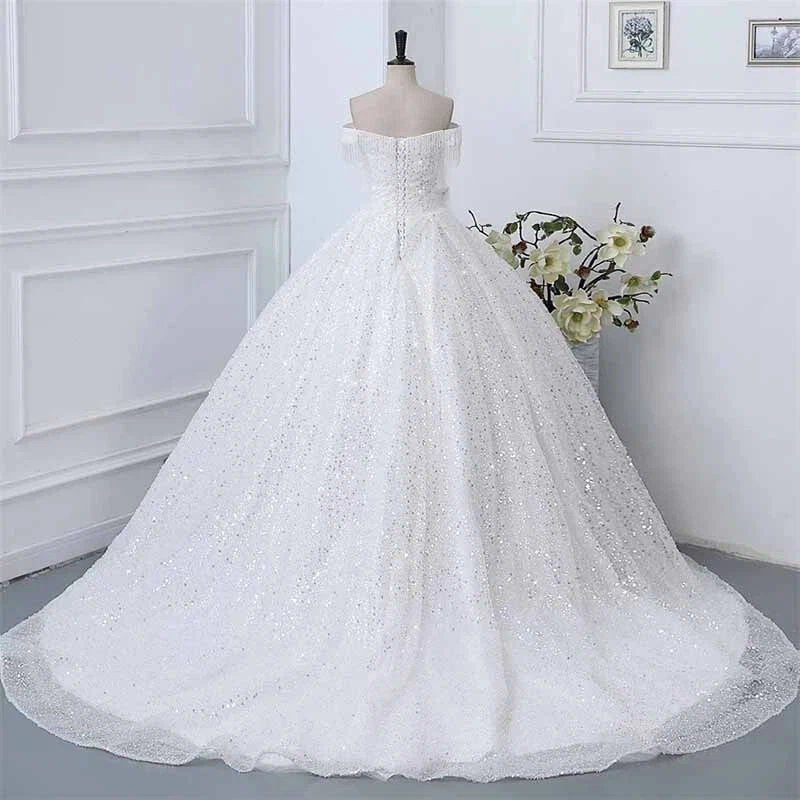 Vestido de novia blanco con hombros descubiertos de lentejuelas para novia - Vestido formal Foto 2 de 4