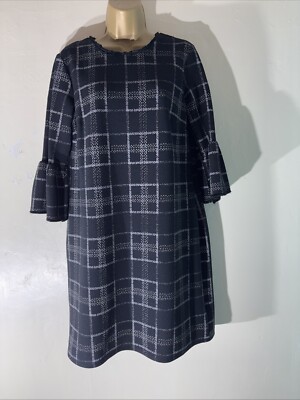 Womens Wallis Uk 12 Black Mix Check Knee Length Short Sleeve Casual Shift  Dress UK