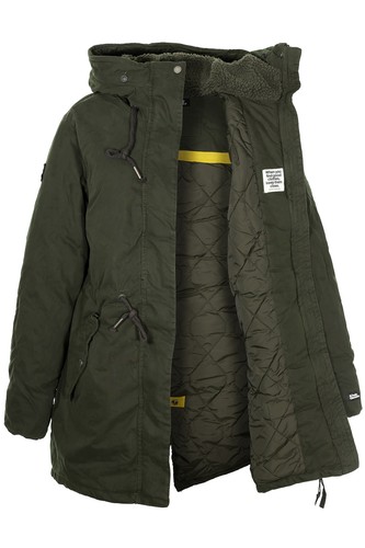 Khujo Codish Parka Winterjacke Anorak Mantel Gefüttert Fellkragen Damen Oliv - Picture 10 of 11