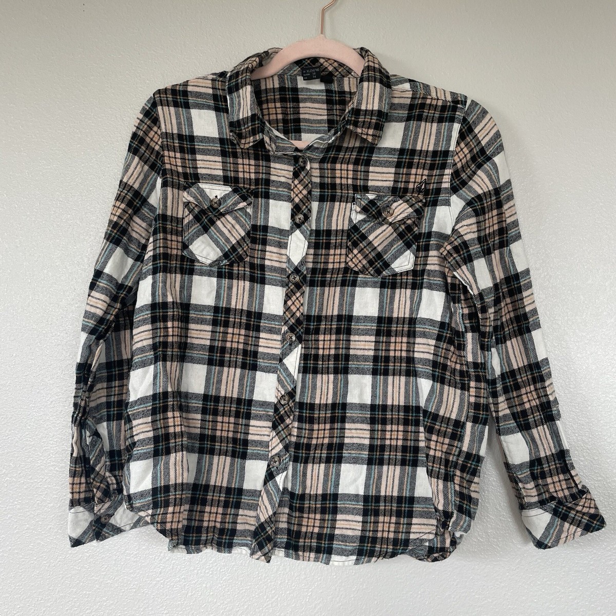 Volcom Getting Rad Plaid Flannel Shirt Girls Size Large XL 14/16 Brown Gold