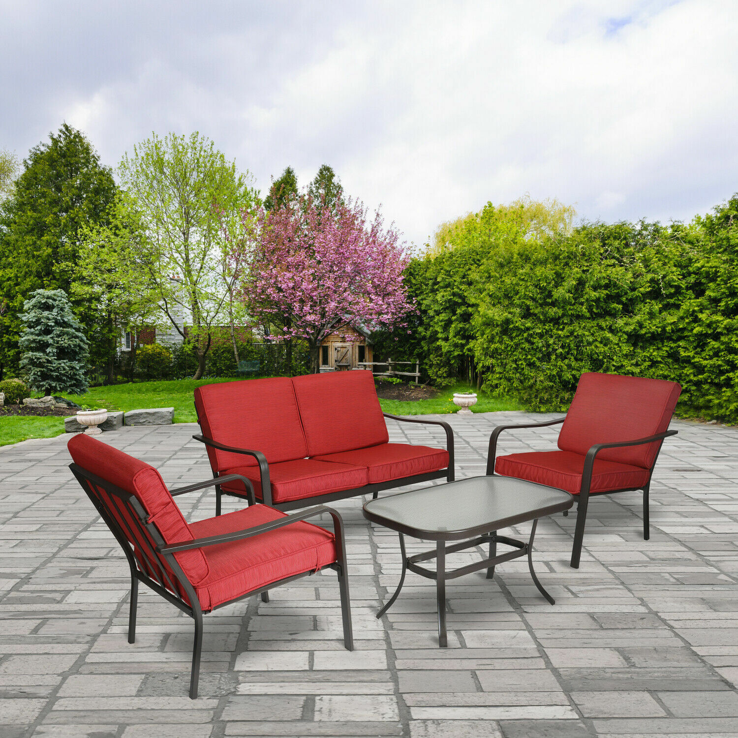 Mainstays Stanton 4 Piece Patio Furniture Conversation Set Red Metal For Sale Online Ebay