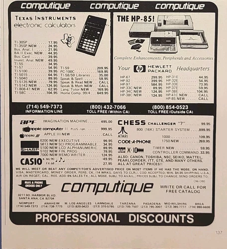 Computique California Computer Stores Apple TI HP Casio Vintage Print Ad 1980