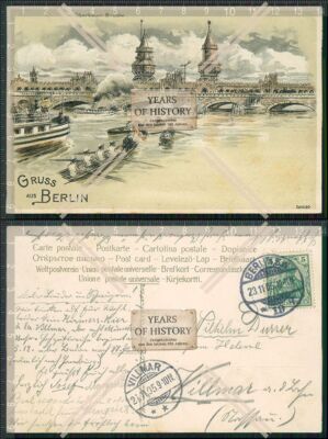 Postcard artist litho Berlin Kreuzberg Oberbaumbrücke steamer rower 1905 used