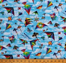Cotton Kites Flying Sky Clouds In Motion Blue Fabric Print by the Yard D386.24
